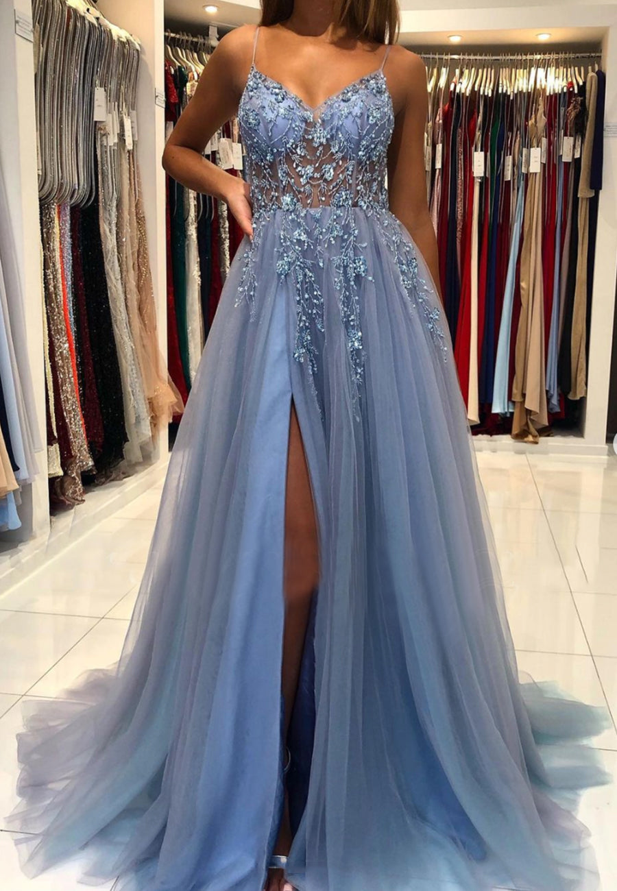 Blue V-Neck Tulle Beading Long Prom Dress Blue Graduation Dress