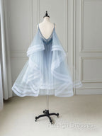 Blue V Neck Tulle Beads Short Prom Dress, Blue Tulle Formal Dress