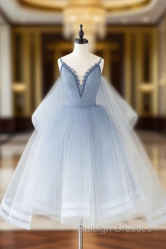 Blue V Neck Tulle Beads Short Prom Dress, Blue Tulle Formal Dress