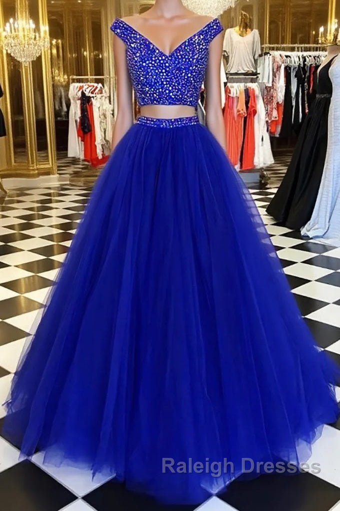 Blue v neck tulle beads two pieces long prom dress, blue evening dress Main image