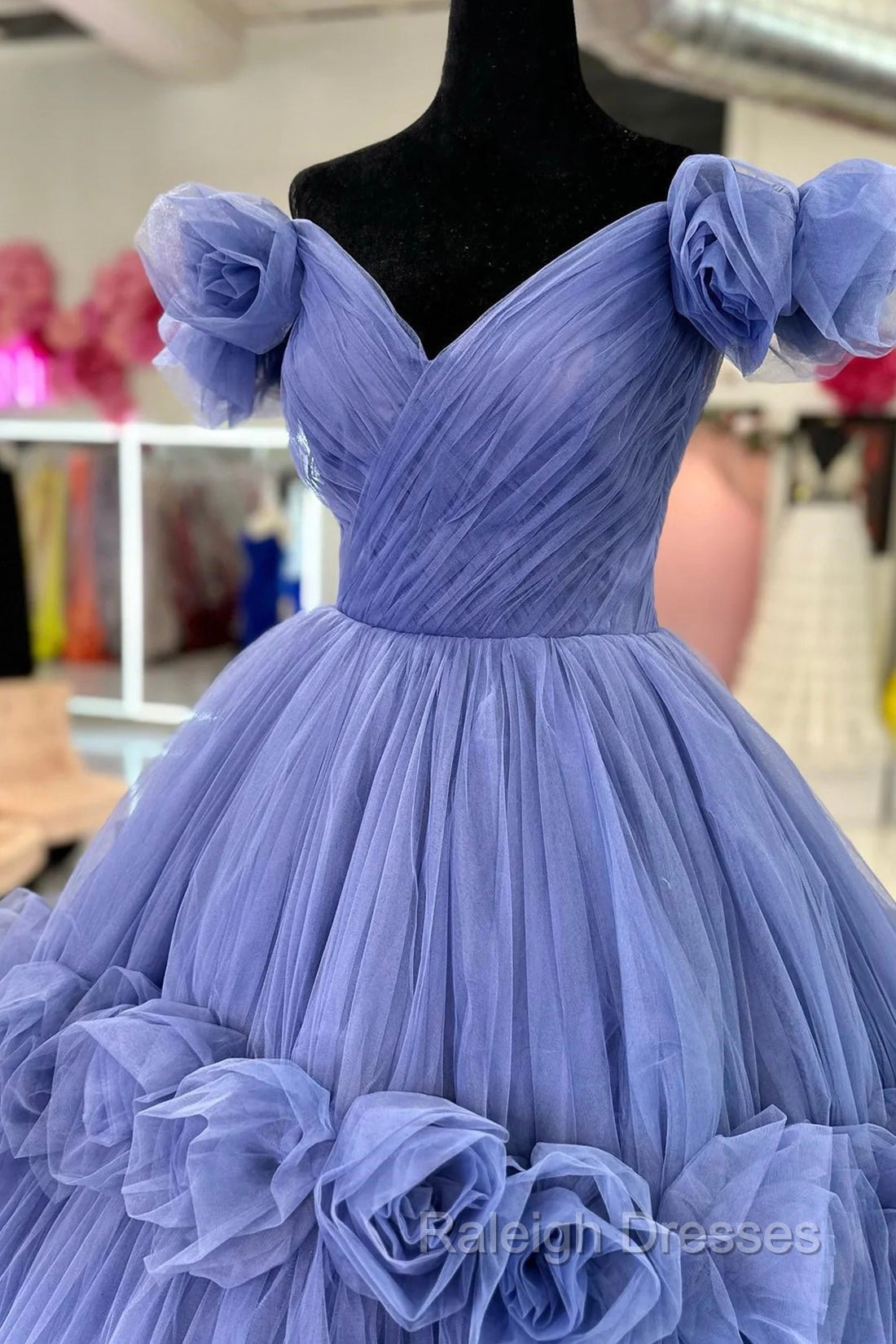 Blue V-neck Tulle Formal Dress with Flowers, Blue Formal Dress Sweet 16 Dress Secondary image