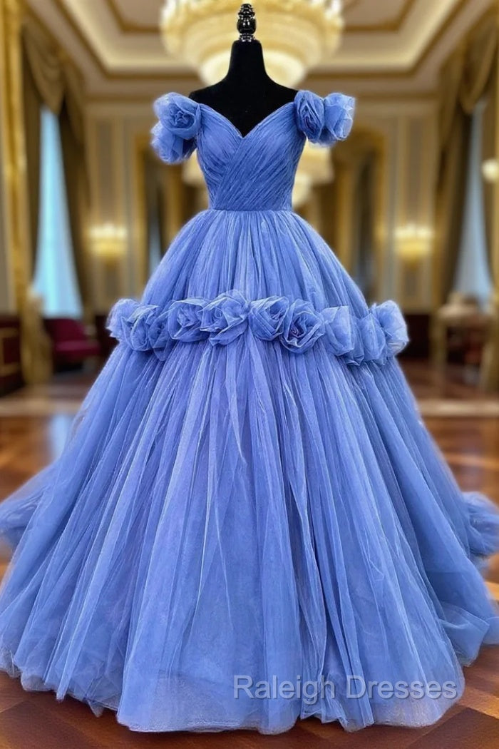 Blue V-neck Tulle Formal Dress with Flowers, Blue Formal Dress Sweet 16 Dress