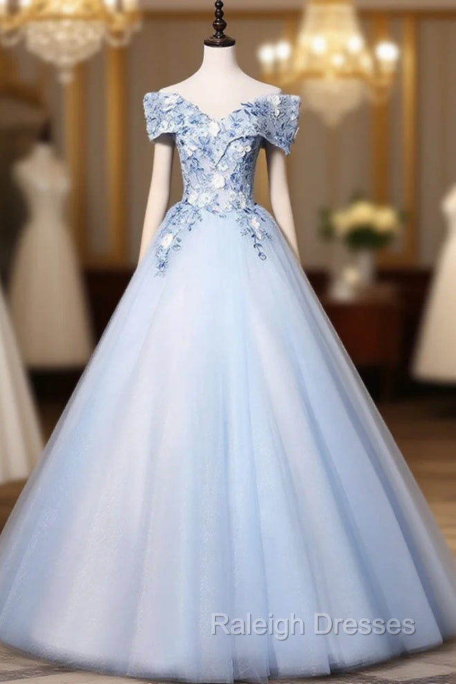 Blue V Neck Tulle Lace Long Formal Prom Dresses. Blue Sweet 16 Dresses Main image