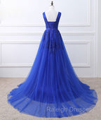 Blue V Neck Tulle Lace Long Prom Dress, Blue Evening Dress