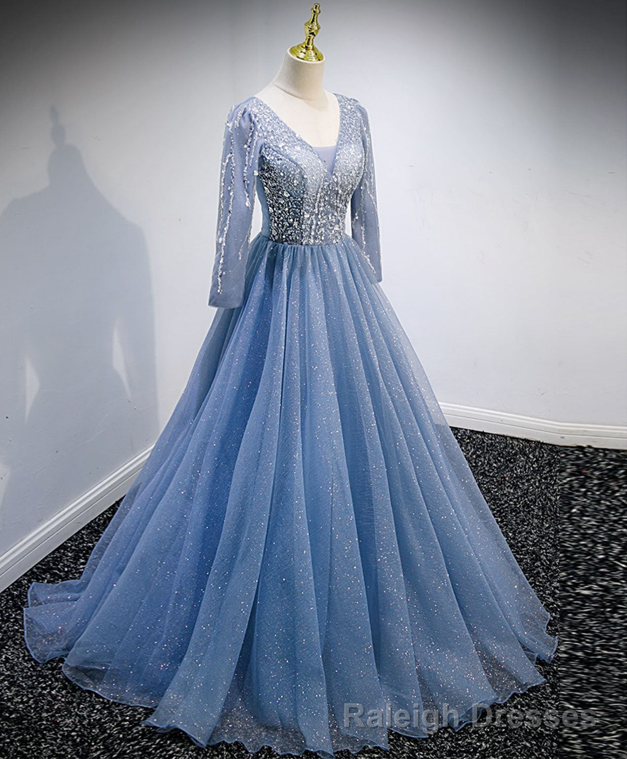 Blue V Neck Tulle Lace Long Prom Dress, Blue Prom Dress with Sequin Beading Main image