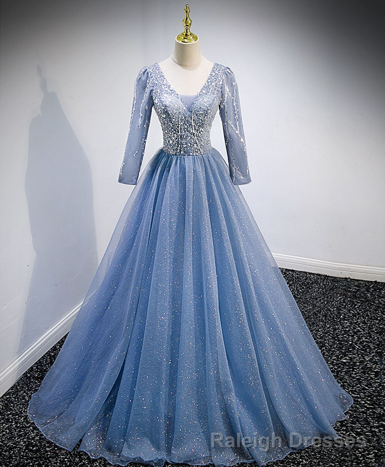 Blue V Neck Tulle Lace Long Prom Dress, Blue Evening Dress with Sequin Beading Secondary image