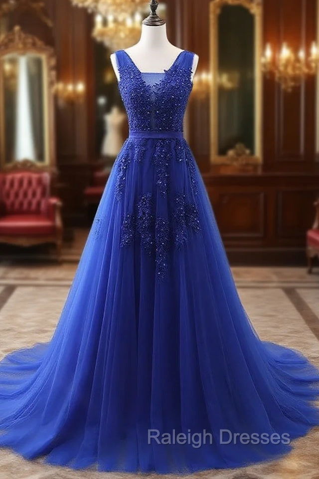 Blue V Neck Tulle Lace Long Prom Dress, Blue Prom Dress Main image