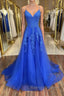 Blue v neck tulle lace long prom dress, blue lace bridesmaid dress