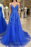 Blue V Neck Tulle Lace Long Prom Dress, Blue Tulle Evening Dress