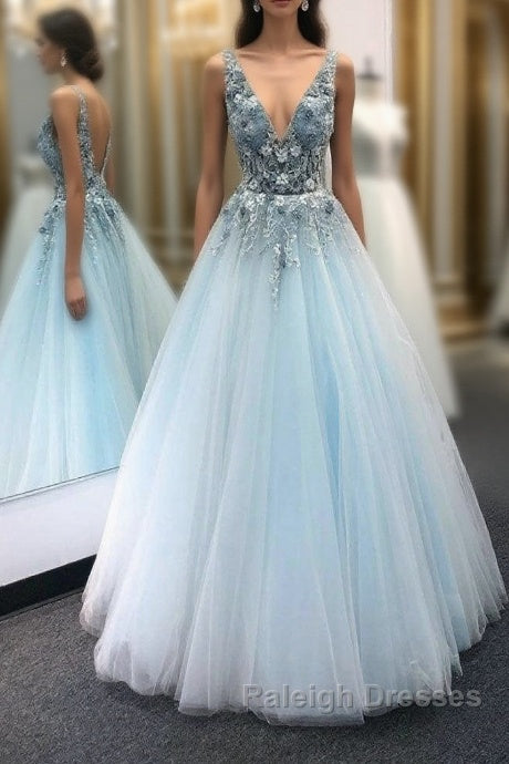 Blue v neck tulle lace long prom dress blue tulle formal dress Main image