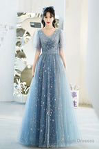 Blue V-Neck Tulle Long A-Line Prom Dress, Blue Evening Graduation Dress