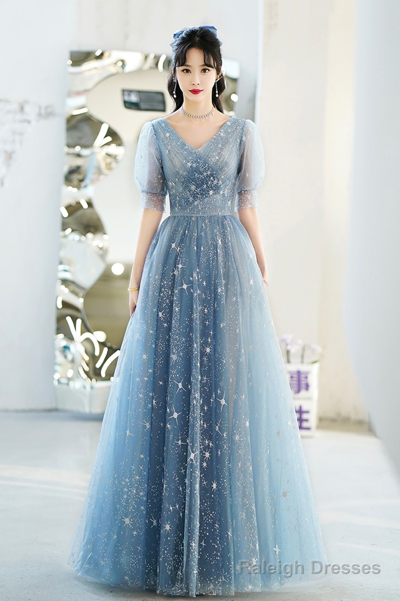 Blue V-Neck Tulle Long A-Line Prom Dress, Blue Evening Graduation Dress