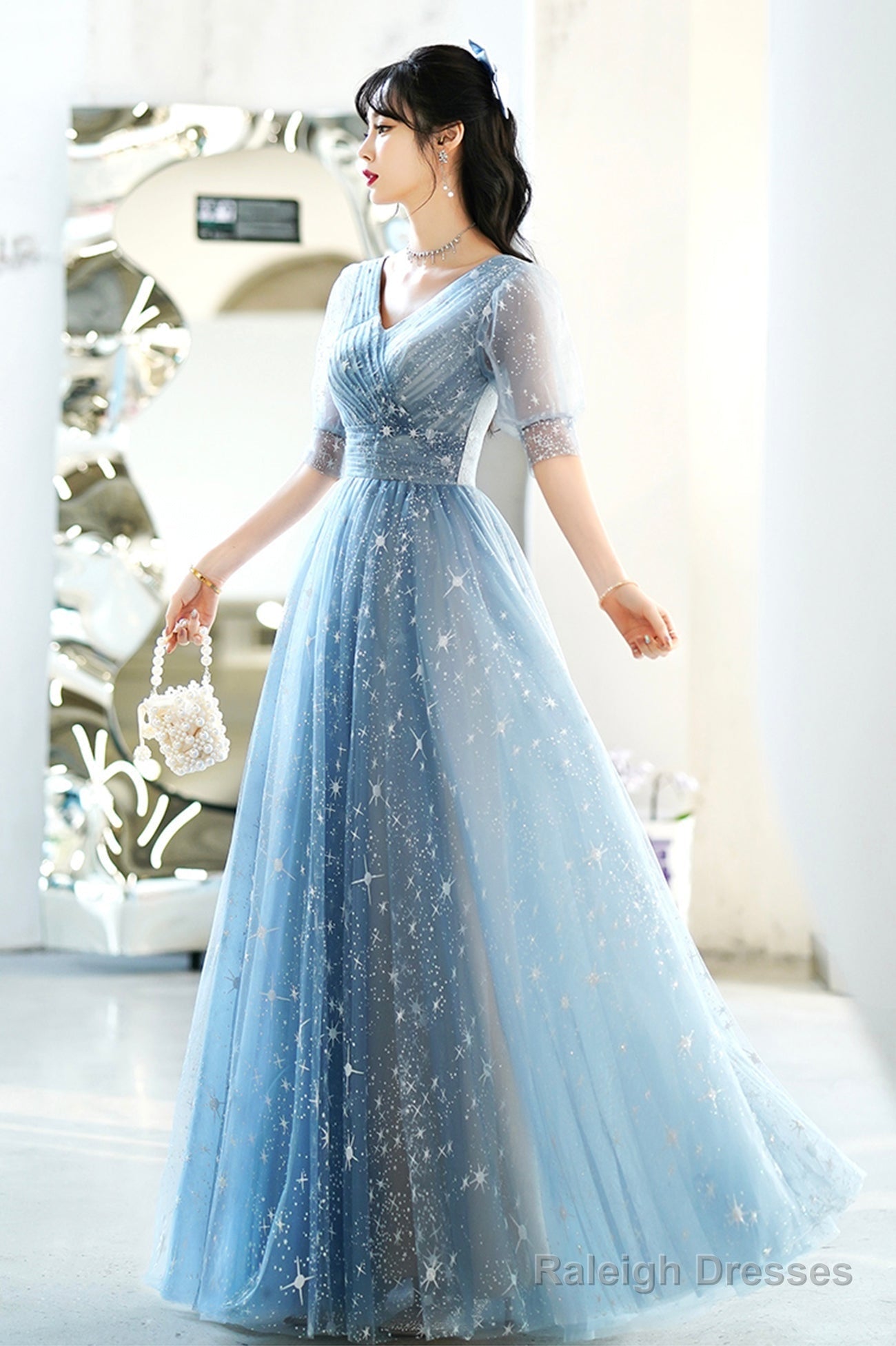 Blue V-Neck Tulle Long A-Line Prom Dress, Blue Evening Graduation Dress