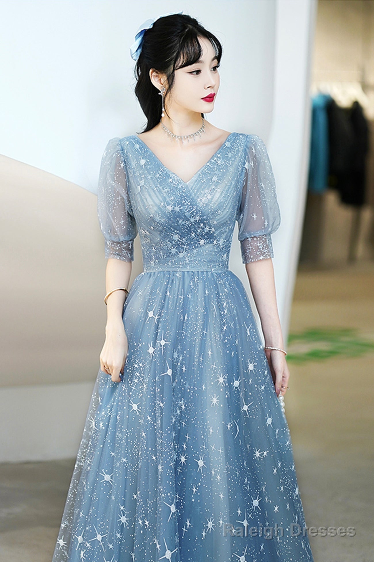 Blue V-Neck Tulle Long A-Line Prom Dress, Blue Evening Graduation Dress