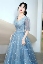 Blue V-Neck Tulle Long A-Line Prom Dress, Blue Evening Graduation Dress