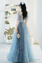 Blue V-Neck Tulle Long A-Line Prom Dress, Blue Evening Graduation Dress