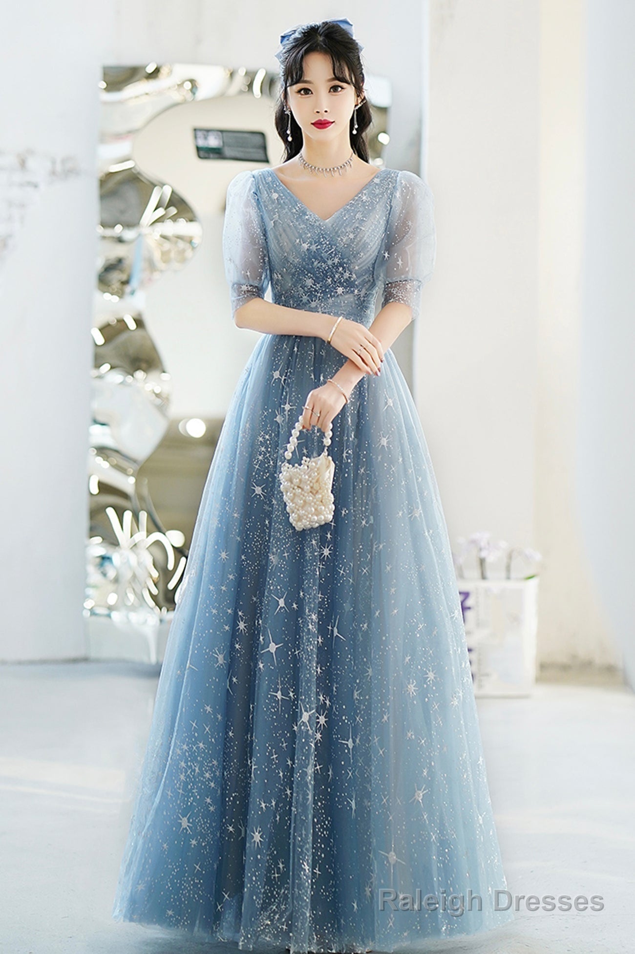 Blue V-Neck Tulle Long A-Line Prom Dress, Blue Evening Graduation Dress