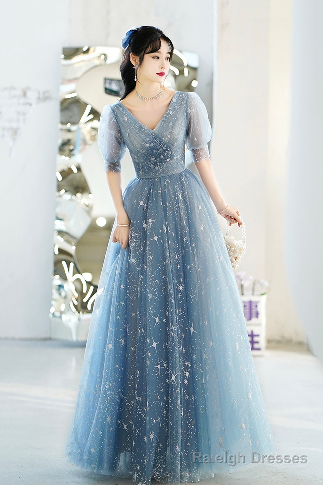 Blue V-Neck Tulle Long A-Line Prom Dress, Blue Evening Graduation Dress