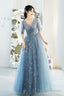 Blue V-Neck Tulle Long A-Line Prom Dress, Blue Evening Graduation Dress