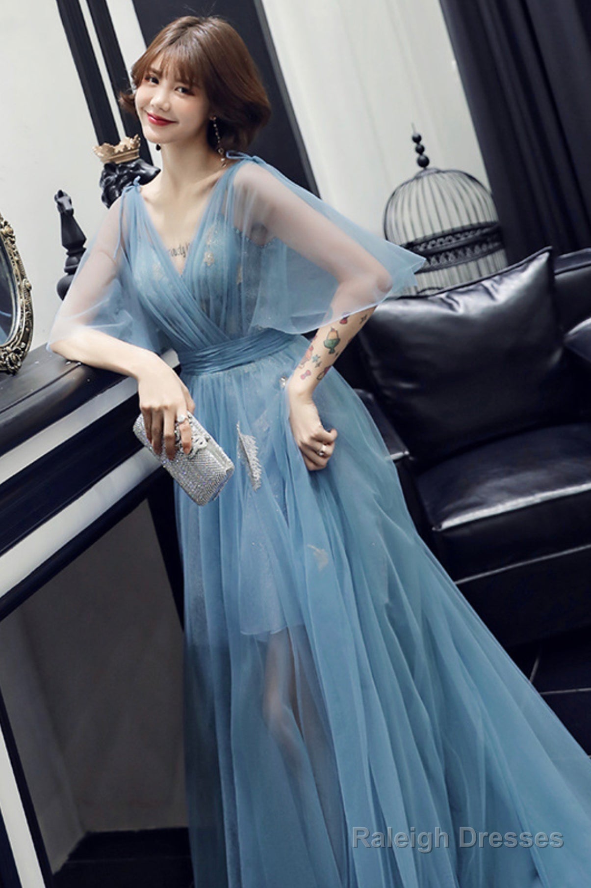 Blue V-Neck Tulle Long Prom Dreses, A-Line Evening Dresses Secondary image