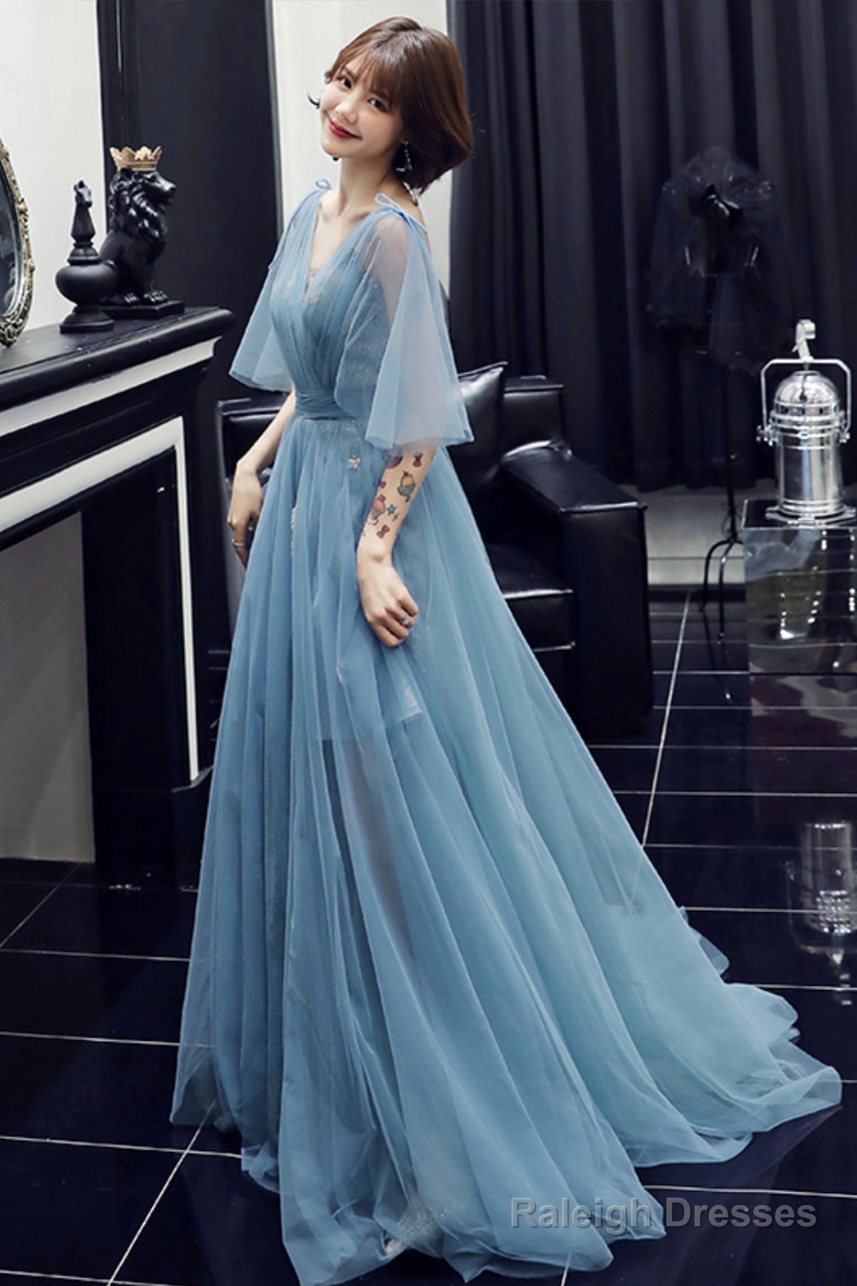 Blue V-Neck Tulle Long Prom Dreses, A-Line Evening Dresses