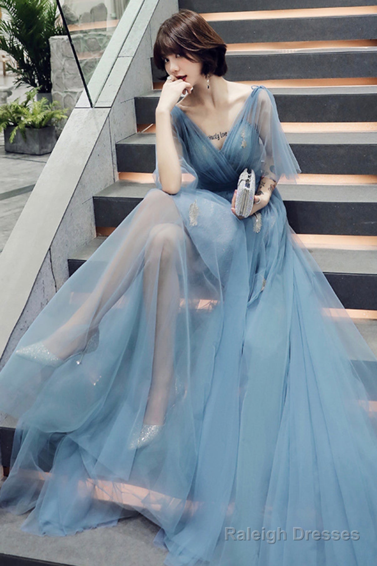 Blue V-Neck Tulle Long Prom Dreses, A-Line Evening Dresses