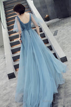 Blue V-Neck Tulle Long Prom Dreses, A-Line Evening Dresses