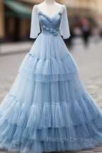 Blue V-Neck Tulle Long Prom Dress, A-Line Evening Party Dress