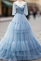 Blue V Neck Tulle Long Prom Dress, A Line Prom Prom Dress