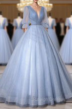 Blue V-Neck Tulle Long Prom Dress, A-Line Formal Evening Dress