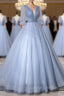 Blue V-Neck Tulle Long Prom Dress, A-Line Formal Evening Dress