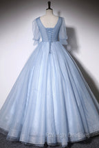 Blue V-Neck Tulle Long Prom Dress, A-Line Formal Evening Dress