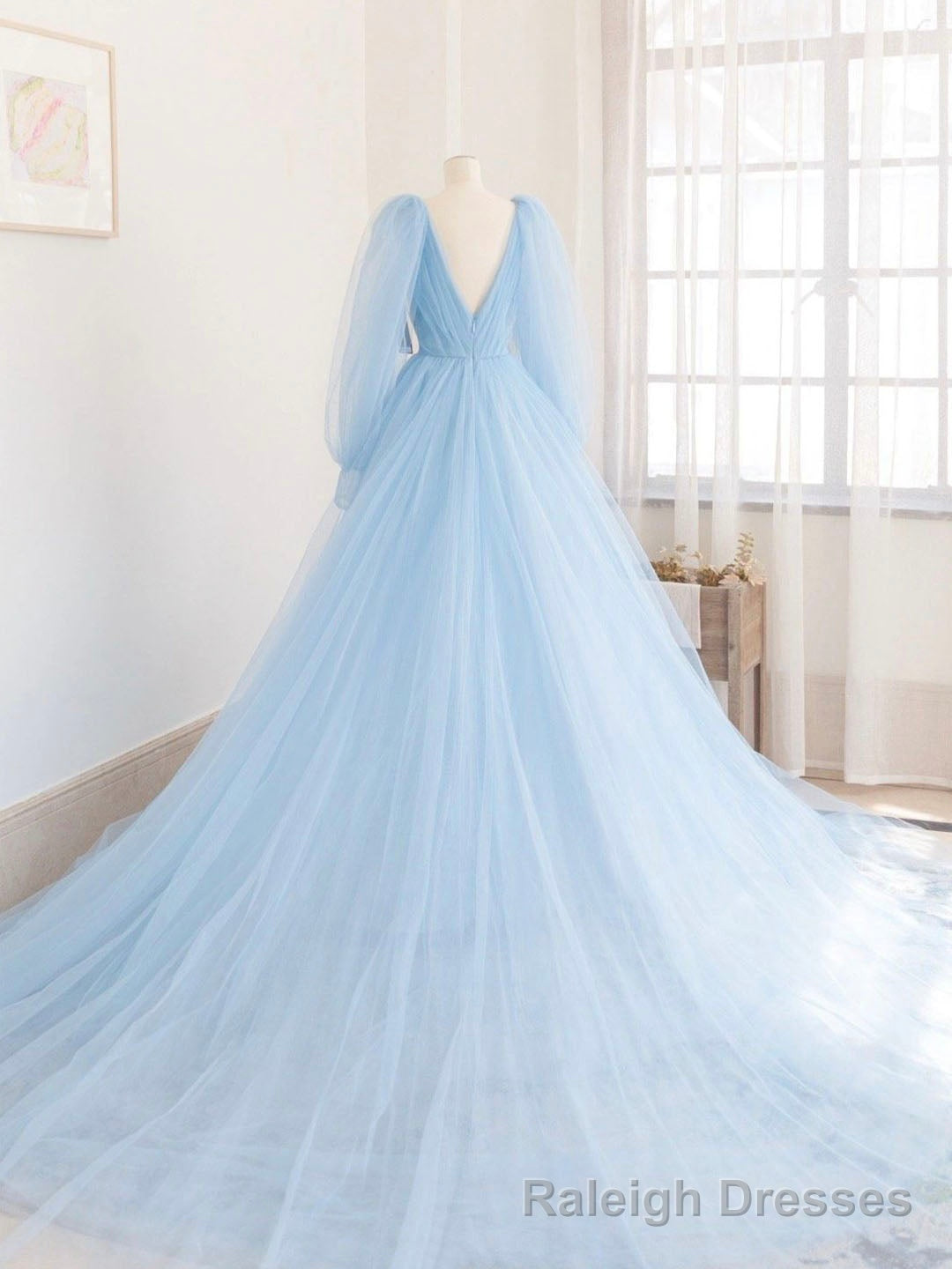 Blue V-Neck Tulle Long Prom Dress, A-Line Long Sleeve Evening Dress Main image
