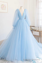 Blue V Neck Tulle Long Prom Dress, A Line Long Sleeve Prom Dress