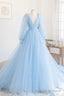 Blue V Neck Tulle Long Prom Dress, A Line Long Sleeve Prom Dress