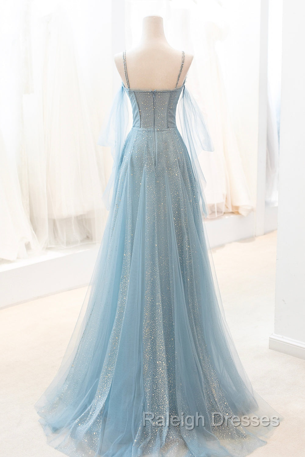 Blue V-Neck Tulle Long Prom Dress, A-Line Spaghetti Strap Evening Dress
