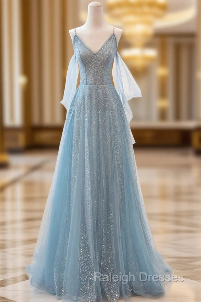Blue V-Neck Tulle Long Prom Dress, A-Line Spaghetti Strap Evening Dress Main image