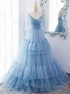 Blue v neck tulle long prom Dresses blue tulle Prom Dresses