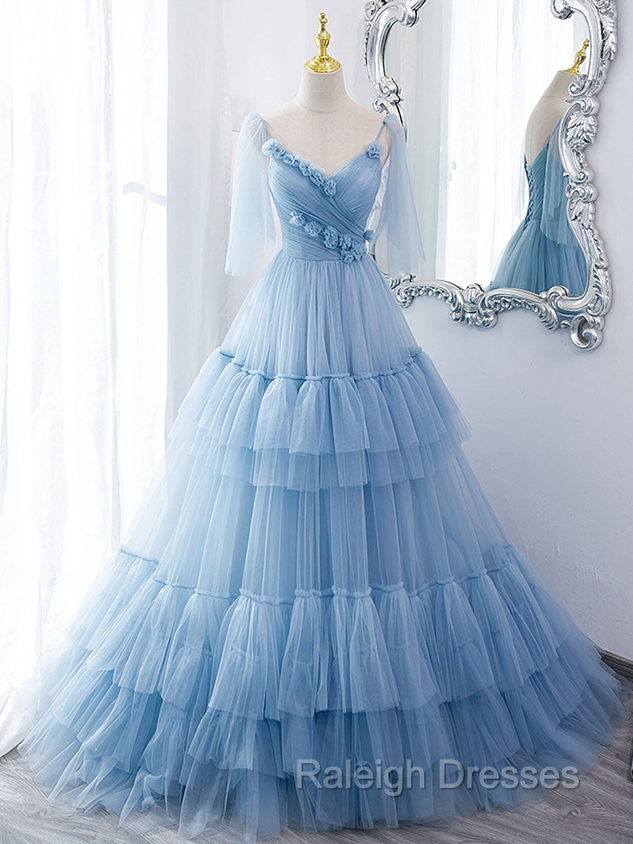 Blue v neck tulle long prom Dresses blue tulle Prom Dresses