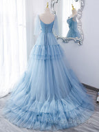 Blue v neck tulle long prom Dresses blue tulle Prom Dresses