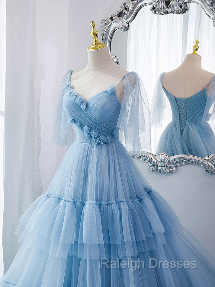 Blue v neck tulle long prom Dresses blue tulle Prom Dresses