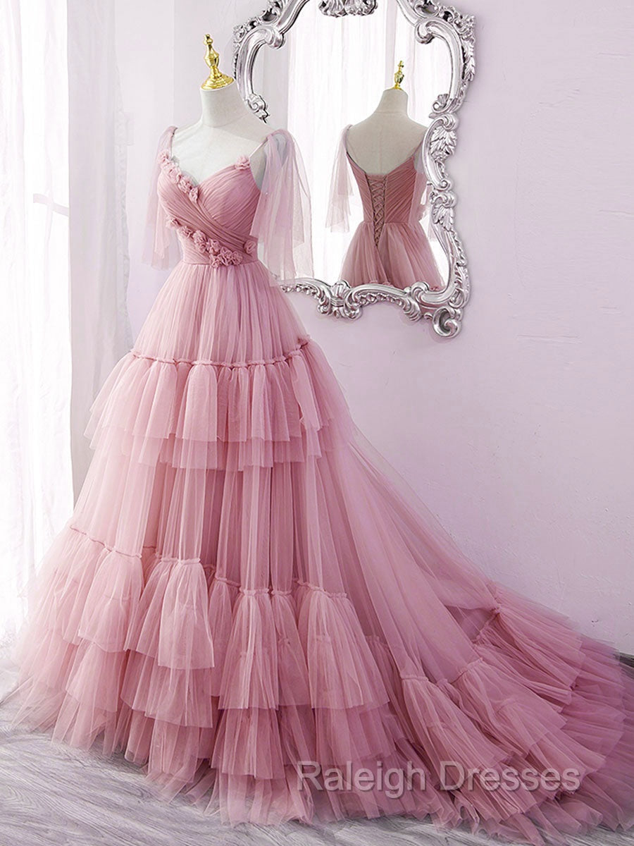 Blue v neck tulle long prom Dresses blue tulle Prom Dresses