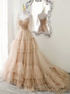 Blue v neck tulle long prom Dresses blue tulle Prom Dresses