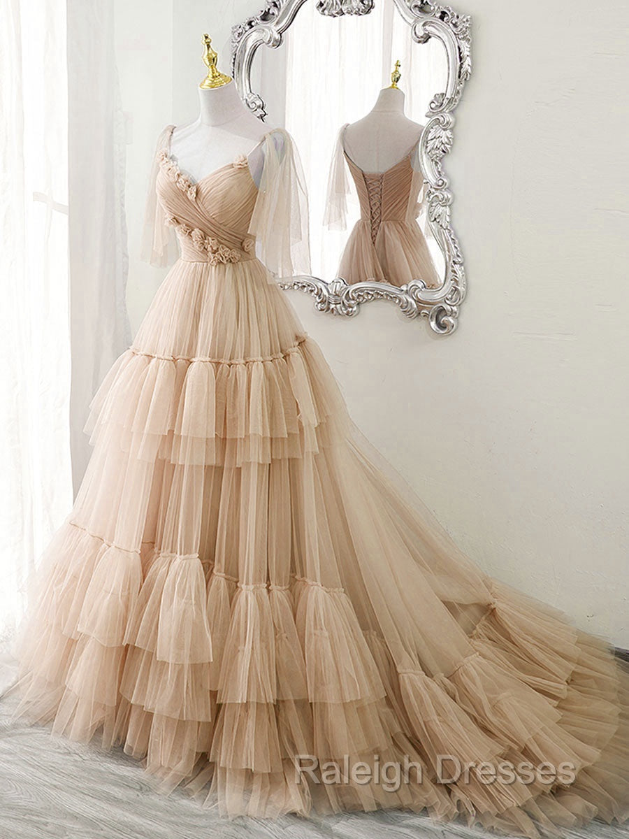 Blue v neck tulle long prom Dresses blue tulle Prom Dresses