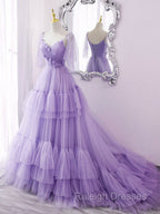Blue v neck tulle long prom Dresses blue tulle Prom Dresses