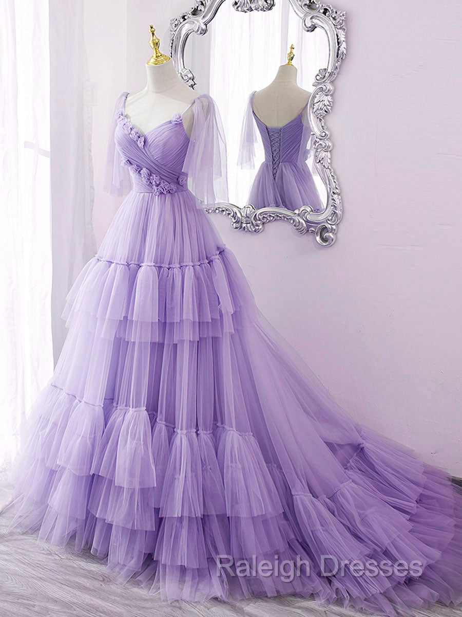 Blue v neck tulle long prom Dresses blue tulle Prom Dresses