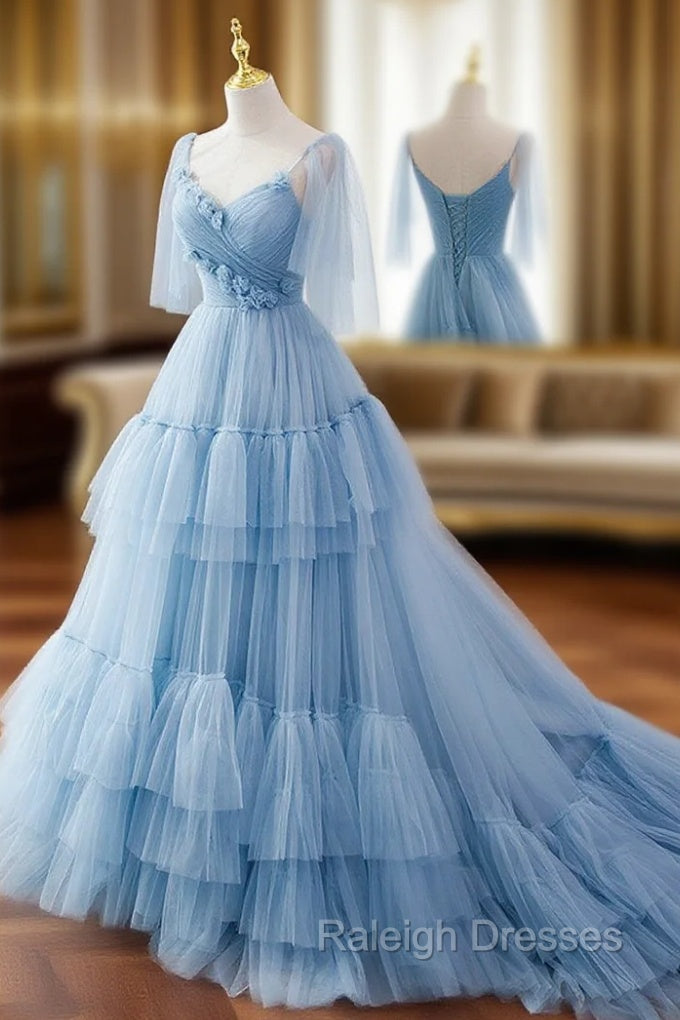 Blue v neck tulle long prom dress, blue tulle formal dress