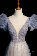 Blue V-Neck Tulle Long Prom Dress with Beaded, Elegant A-Line Formal Evening Dress