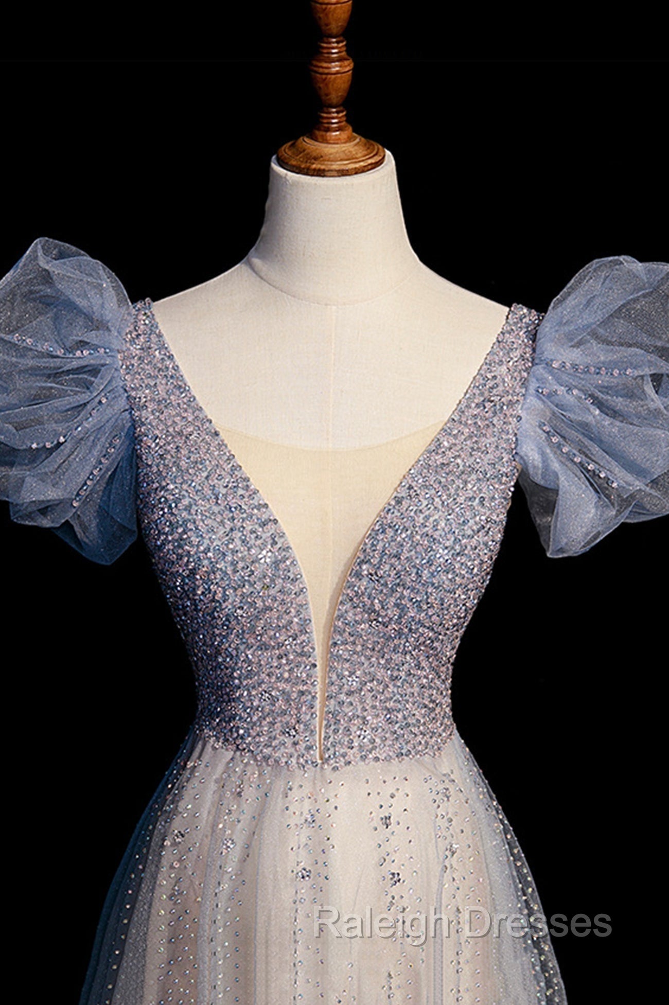 Blue V-Neck Tulle Long Prom Dress with Beaded, Elegant A-Line Formal Evening Dress