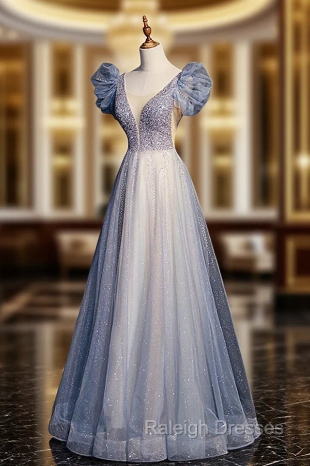 Blue V-Neck Tulle Long Prom Dress with Beaded, Elegant A-Line Formal Evening Dress Main image